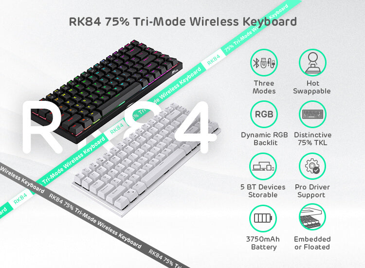 Royal Kludge RK84 75% tri-mode wireless keyboard, highlighting features such as dynamic RGB backlighting, hot-swappable keys, and support for up to five Bluetooth devices