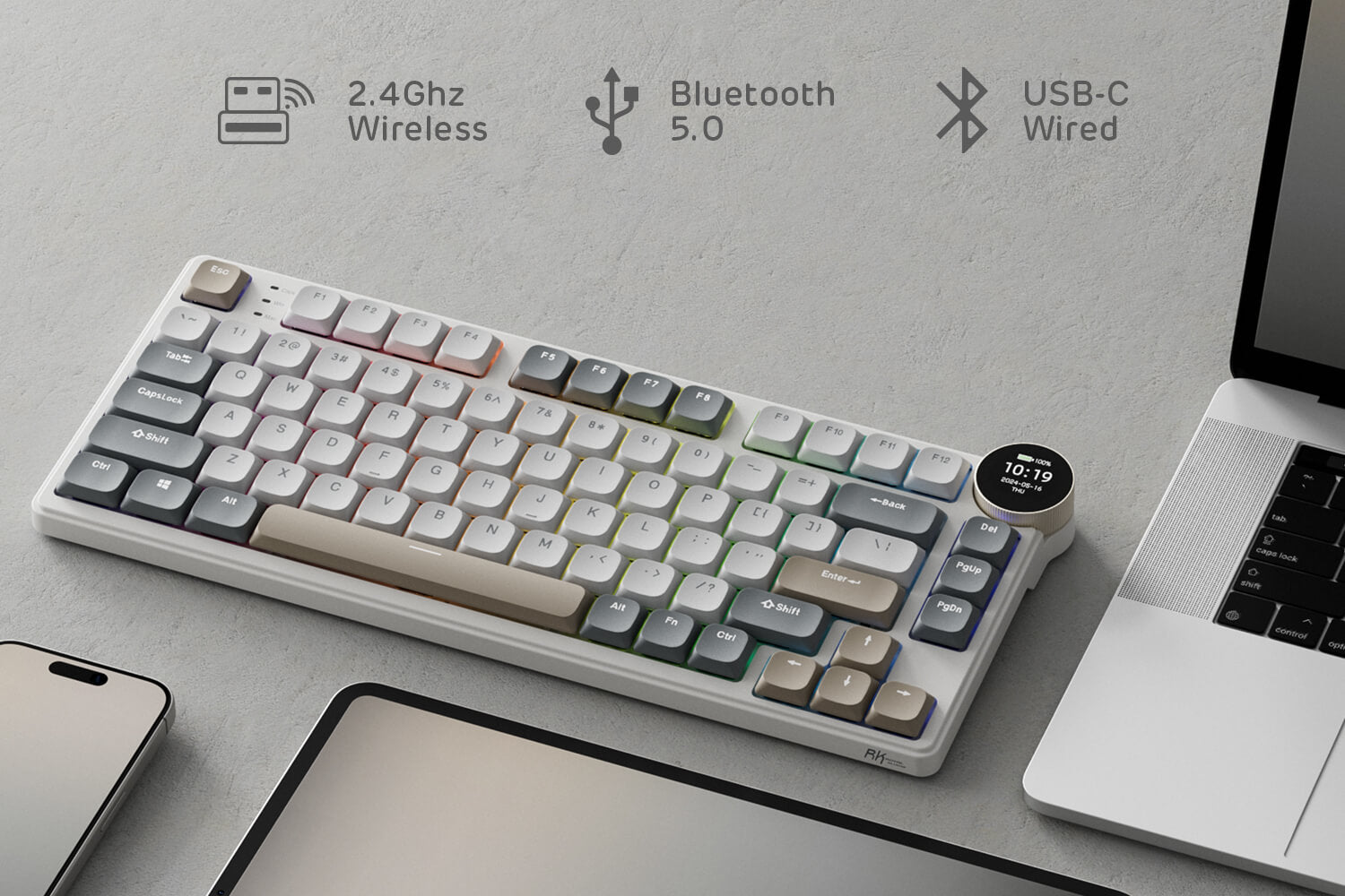 N80 Low Profile RGB Mechanical Keyboard with tri-mode connectivity options: 2.4GHz wireless, Bluetooth 5.0, and USB-C wired