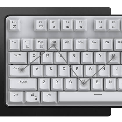 Top view of the Royal Kludge RK920 keyboard highlighting its 100% anti-ghosting feature with 104 keys for accurate simultaneous key presses during gaming and typing