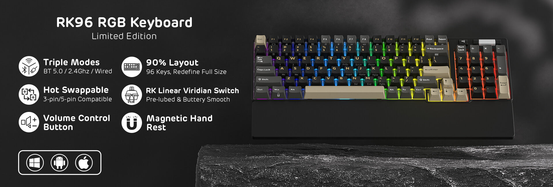 RK ROYAL KLUDGE RK96 RGB Limited Ed, 90% 96 Keys Wireless 3-Mode BT5.0/2.4G/USB-C Hot Swappable Mechanical Keyboard w/Wrist Rest, Volume Control, Software, Massive Battery, RK Viridian Switch