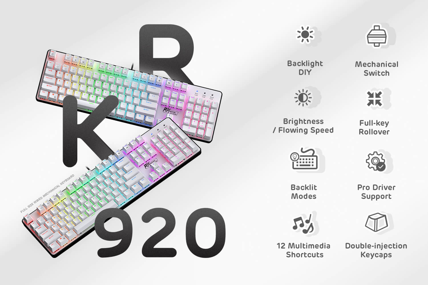 RK ROYAL KLUDGE RK920 Full Size Mechanical Keyboard featuring customizable rainbow backlighting with 24 light modes, 12 multimedia shortcuts, and double-injection keycaps for enhanced durability